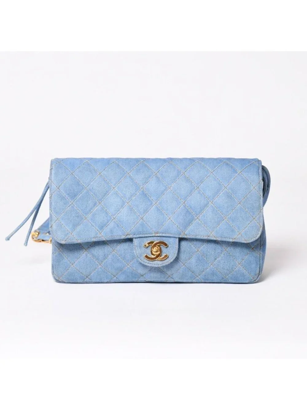 Chanel Quilted Denim Backpack Turnlock Indigo Blue Gold